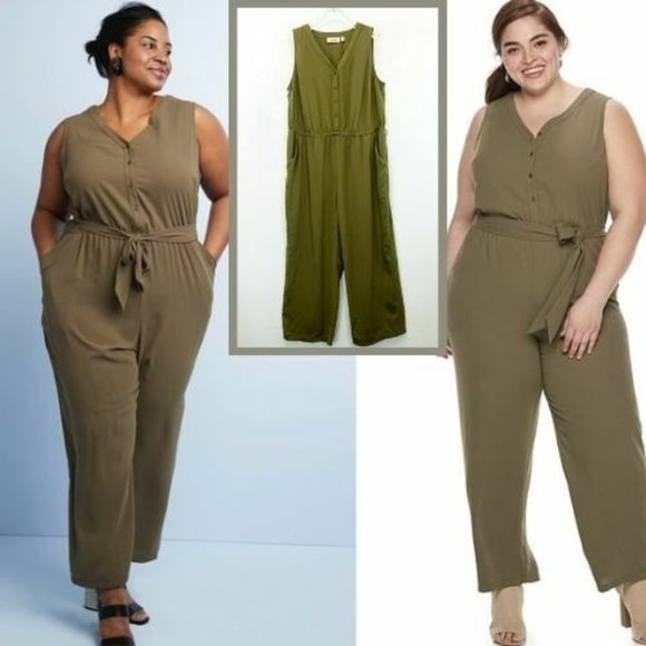 EVRI Jumpsuit 0X Large Olive Green Overall PLUS SIZE V-Neck Button‎ Down Pockets - Picture 1 of 10